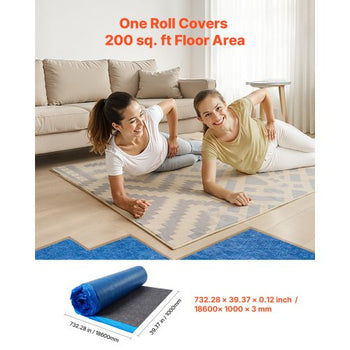 Floor Underlayment 200 sq. ft/Roll, 3 mm Thick Laminate Flooring Padding with Attached Vapor Barrier, Heavy Duty Fiber + PE Film, Soundproofing & Noise Reduction, Ideal for Laminate Wood Floors