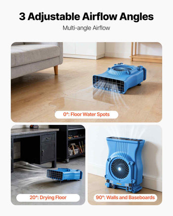 Blower Fan, Low Profile Air Mover Carpet Dryer, 1000 CFM, 2 Speeds, Multi-Angle Airflow, Lightweight Portable for Crawlspaces, Attics, Basements, Bathrooms, Water Damage Restoration, Blue