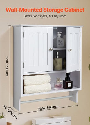 Bathroom Wall Cabinet, 2 Doors and Adjustable Shelf, Over the Toilet Storage Medicine Cabinet Wall Mounted, Hanging Organizer with Open Partition and Towel Bar for Laundry Room Kitchen, White
