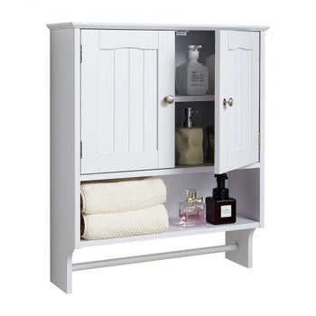 Bathroom Wall Cabinet, 2 Doors and Adjustable Shelf, Over the Toilet Storage Medicine Cabinet Wall Mounted, Hanging Organizer with Open Partition and Towel Bar for Laundry Room Kitchen, White