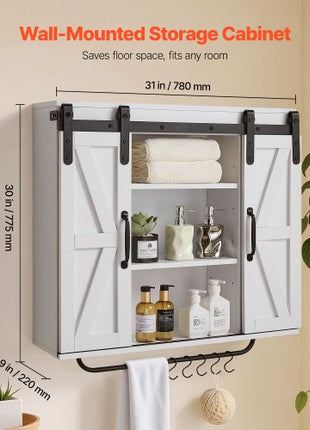 Bathroom Wall Cabinet, 2 Doors and Adjustable Shelf, Over the Toilet Storage Medicine Cabinet Wall Mounted, Hanging Organizer with Open Partition/Towel Bar/Hooks for Laundry Room Kitchen, White