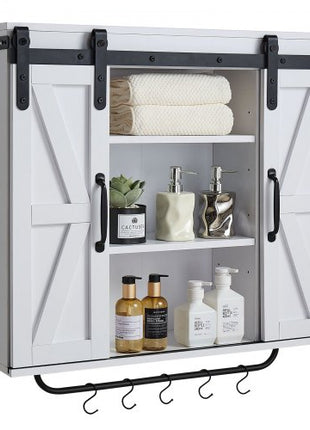 Bathroom Wall Cabinet, 2 Doors and Adjustable Shelf, Over the Toilet Storage Medicine Cabinet Wall Mounted, Hanging Organizer with Open Partition/Towel Bar/Hooks for Laundry Room Kitchen, White