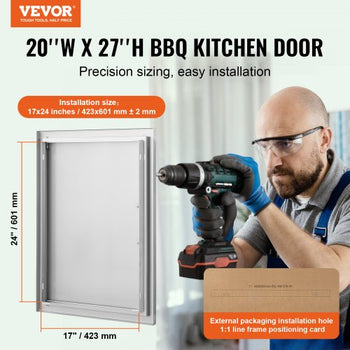 BBQ Access Door, 20W x 27H Inch Single Outdoor Kitchen Door, Stainless Steel Flush Mount Door, Wall Vertical Door with Handle, for BBQ Island, Grilling Station, Outside Cabinet