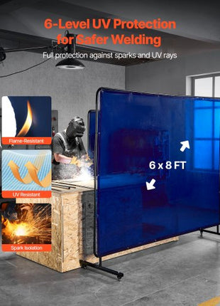 Welding Screen with Frame, 6 x 8 FT Welding Curtain Screen, Flame-Resistant Vinyl Safety Protection Screens with Lockable Swivel Wheels & 6-Level UV Protection for Workshop/Industrial Use, Blue