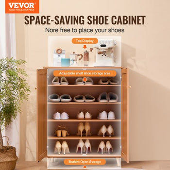 Rattan Shoe Cabinet, 5 Tiers Shoe Storage Organizer with 2 Doors and Adjustable Shelves, 40.35" Tall Rattan Shoe Storage Entryway Cabinet Ideal for Entryway, Closet, Hallway, Light Wood Color