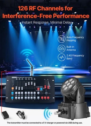 DMX Wireless Receiver, 3 Receivers & 1 Transmitter, 2.4G ISM Band, 656 ft Transmission Range, with Bag and Adapter, Wireless Stage Lighting Control, for LED Stage Party DJ Bar Lighting, Silver