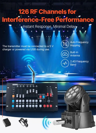 DMX Wireless Receiver, 7 Receivers & 1 Transmitter, 2.4G ISM Band, 656 ft Transmission Range, Rechargeable Battery, Wireless Stage Lighting Control, for LED Stage Party DJ Bar Lighting, Silver