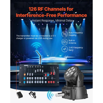 DMX Wireless Receiver, 7 Receivers & 1 Transmitter, 2.4G ISM Band, 656 ft Transmission Range, Rechargeable Battery, Wireless Stage Lighting Control, for LED Stage Party DJ Bar Lighting, Silver