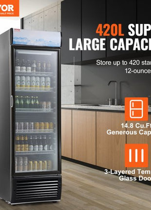 Commercial Merchandiser Refrigerator, 14.8 Cu.Ft / 420L Beverage Refrigerator Cooler Merchandiser, Glass Door Display Refrigerator Upright Fridge with 5 Adjustable Shelves, Customizable Lightbox