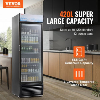 Commercial Merchandiser Refrigerator, 14.8 Cu.Ft / 420L Beverage Refrigerator Cooler Merchandiser, Glass Door Display Refrigerator Upright Fridge with 5 Adjustable Shelves, Customizable Lightbox