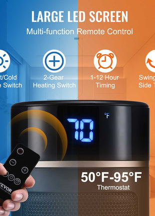 Vevor heater with large LED display, remote control, and swing feature; black and silver design with dual heating modes.