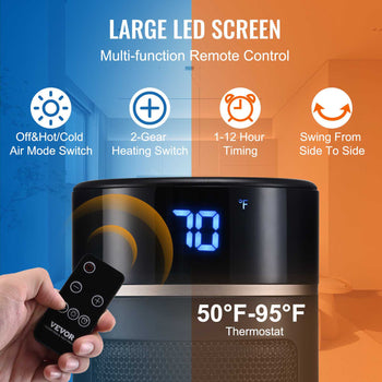 Vevor heater with large LED display, remote control, and swing feature; black and silver design with dual heating modes.
