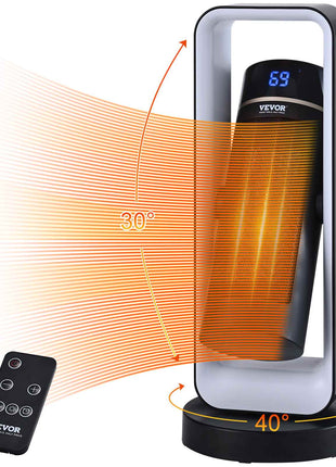 VEVOR tower heater with remote, black and silver, sleek design, 30° oscillation, 40° heating range, digital display.