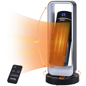 VEVOR tower heater with remote, black and silver, sleek design, 30° oscillation, 40° heating range, digital display.