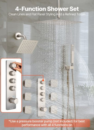 Shower Faucet Set, 16 Inch Thermostatic Ceiling Mount Rainfall Shower System with 6 Inch Wall Mount Head, 6 Body Jets and Handheld Spray, Dual Rain Head Brass Valve and Trim Kit, Brushed Nickel