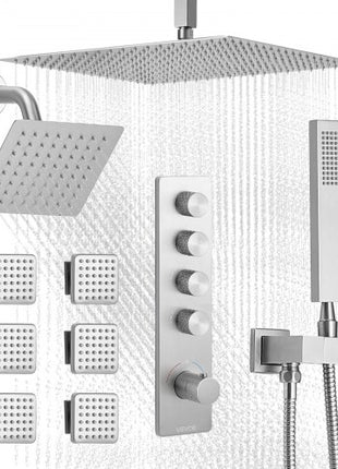 Shower Faucet Set, 16 Inch Thermostatic Ceiling Mount Rainfall Shower System with 6 Inch Wall Mount Head, 6 Body Jets and Handheld Spray, Dual Rain Head Brass Valve and Trim Kit, Brushed Nickel