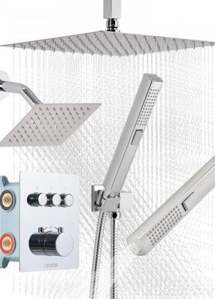 Shower Faucet Set, 12 Inch Thermostatic Ceiling Mount Rainfall Shower System with 6 Inch Wall Mount Head and 2 in 1 Handheld Spray, 3-Function Dual Rain Head Brass Valve and Trim Kit, Chrome
