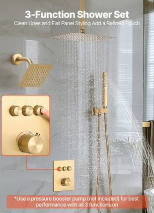 Shower Faucet Set, 12 Inch Thermostatic Ceiling Mount Rainfall Shower System with 6 Inch Wall Mount Head and 2 in 1 Handheld Spray, 3-Function Dual Rain Head Brass Valve Trim Kit, Brushed Gold