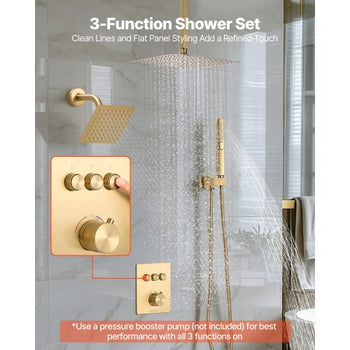 Shower Faucet Set, 12 Inch Thermostatic Ceiling Mount Rainfall Shower System with 6 Inch Wall Mount Head and 2 in 1 Handheld Spray, 3-Function Dual Rain Head Brass Valve Trim Kit, Brushed Gold