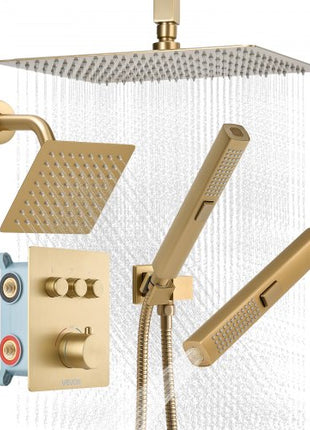 Shower Faucet Set, 12 Inch Thermostatic Ceiling Mount Rainfall Shower System with 6 Inch Wall Mount Head and 2 in 1 Handheld Spray, 3-Function Dual Rain Head Brass Valve Trim Kit, Brushed Gold