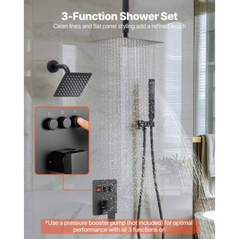 Shower Faucet Set, 10 Inch Ceiling Mount Rainfall Shower System with 6 Inch Wall Mount Head and 2 in 1 Handheld Spray, Rotatable 3-Function Dual Rain Head Brass Valve and Trim Kit, Matte Black