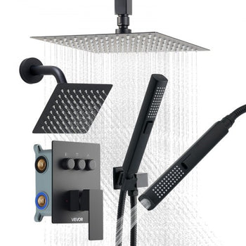 Shower Faucet Set, 10 Inch Ceiling Mount Rainfall Shower System with 6 Inch Wall Mount Head and 2 in 1 Handheld Spray, Rotatable 3-Function Dual Rain Head Brass Valve and Trim Kit, Matte Black