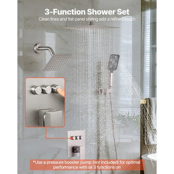 Shower Faucet Set, 12 Inch Ceiling Mount Rainfall Shower System with 6 Inch Wall Mount Head and 4 in 1 Handheld Spray, Rotatable 3-Function Dual Rain Head Brass Valve & Trim Kit, Brushed Nickel