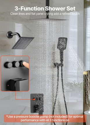Shower Faucet Set, 12 Inch Ceiling Mount Rainfall Shower System with 6 Inch Wall Mount Head and 4 in 1 Handheld Spray, Rotatable 3-Function Dual Rain Head Brass Valve and Trim Kit, Matte Black