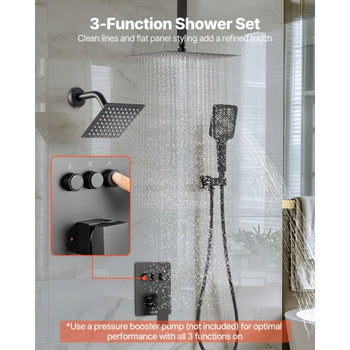 Shower Faucet Set, 12 Inch Ceiling Mount Rainfall Shower System with 6 Inch Wall Mount Head and 4 in 1 Handheld Spray, Rotatable 3-Function Dual Rain Head Brass Valve and Trim Kit, Matte Black