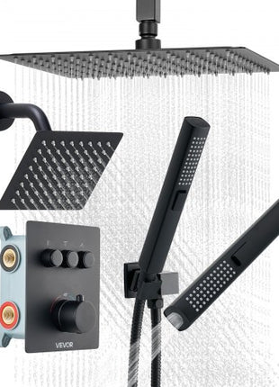 Shower Faucet Set, 12 Inch Thermostatic Ceiling Mount Rainfall Shower System with 6 Inch Wall Mount Head and 2 in 1 Handheld Spray, 3-Function Dual Rain Head Brass Valve & Trim Kit, Matte Black