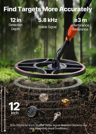 Metal Detector for Adults, 12", Professional High Accuracy Gold Detector, IP68 Waterproof Search Coil with Display, Headphones, 6 Modes, Adjustable Length, for Detecting Gold Treasure Hunting