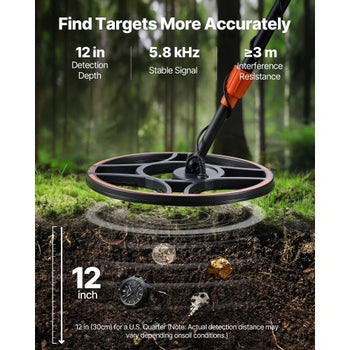 Metal Detector for Adults, 12", Professional High Accuracy Gold Detector, IP68 Waterproof Search Coil with Display, Headphones, 6 Modes, Adjustable Length, for Detecting Gold Treasure Hunting