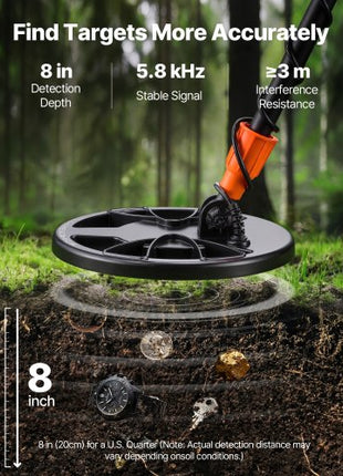 Metal Detector for Adults, 8", Professional High Accuracy Gold Detector, IP68 Waterproof Search Coil with Display, Headphones, 3 Modes, Adjustable Length, for Detecting Gold Treasure Hunting