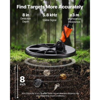 Metal Detector for Adults, 8", Professional High Accuracy Gold Detector, IP68 Waterproof Search Coil with Display, Headphones, 3 Modes, Adjustable Length, for Detecting Gold Treasure Hunting