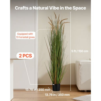 Artificial Grass Plant, 2 Pack 59 inch Horsetail Reed Grass in Pot, Premium PVC Faux Fake Greenery Shrubs Plant for Indoor Outdoor House Home Garden Office Room Décor, Housewarming, Green