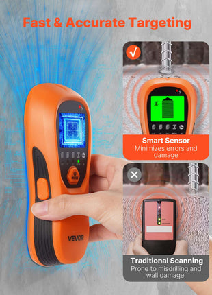Stud Finder Wall Scanner, 5 in 1, Electronic Wall Stud Detector with Smart Sensor, High-Definition LCD Display and Audio Alarm, for the Center and Edge of Metal, AC Wire, Joists, Pipes, Orange
