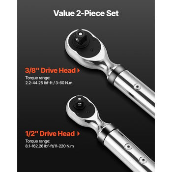 Digital Torque Wrench Set, 2 Pieces, 1/2, 3/8 Inch Drive, 72-Tooth, ±2% High Accuracy Electronic Torque Wrench with Preset Value, Buzzer and LED Notification, for Automotive Motorcycle