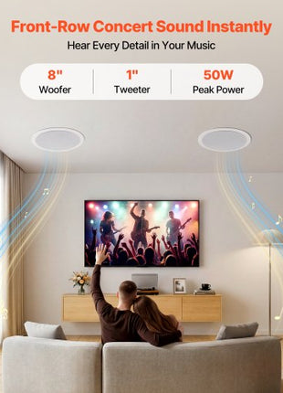 Bluetooth Ceiling Speakers, 8", In Ceiling & In-Wall Speaker System with Amplifier, 2-Way Flush Mount Speakers, for Damp Humid Placement, Home Theater, Living Room, or Covered Patio, 1 Pair
