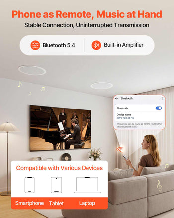 Bluetooth Ceiling Speakers, 8", In Ceiling & In-Wall Speaker System with Amplifier, 2-Way Flush Mount Speakers, for Damp Humid Placement, Home Theater, Living Room, or Covered Patio, 1 Pair