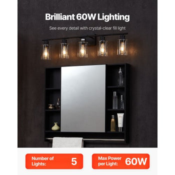 5-Light Bathroom Vanity Lights, 37.1-Inch, Modern Light Fixtures Above Mirror with Clear Glass Shade, 60W, Wall Lighting for Bathroom, Living Room, Bedroom, Hallway, E26 Base (Bulbs Not Included)