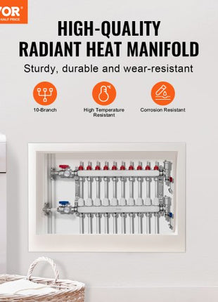 10-Branch Radiant Heat Manifold, 1/2" PEX Tubing Manifold, Stainless Steel PEX Manifold for Hydronic Radiant Floor Heating, Radiant Heat PEX Manifold Kit with 1/2" Adapters Included