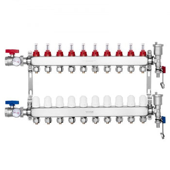 10-Branch Radiant Heat Manifold, 1/2" PEX Tubing Manifold, Stainless Steel PEX Manifold for Hydronic Radiant Floor Heating, Radiant Heat PEX Manifold Kit with 1/2" Adapters Included