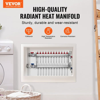 12-Branch Radiant Heat Manifold, 1/2" PEX Tubing Manifold, Stainless Steel PEX Manifold for Hydronic Radiant Floor Heating, Radiant Heat PEX Manifold Kit with 1/2" Adapters Included