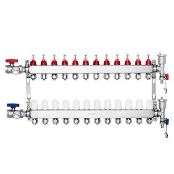 12-Branch Radiant Heat Manifold, 1/2" PEX Tubing Manifold, Stainless Steel PEX Manifold for Hydronic Radiant Floor Heating, Radiant Heat PEX Manifold Kit with 1/2" Adapters Included