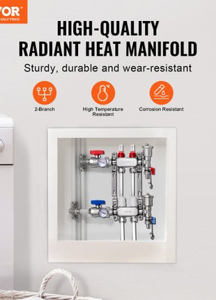 2-Branch Radiant Heat Manifold, 1/2" PEX Tubing Manifold, Stainless Steel PEX Manifold for Hydronic Radiant Floor Heating, Radiant Heat PEX Manifold Kit with 1/2" Adapters Included