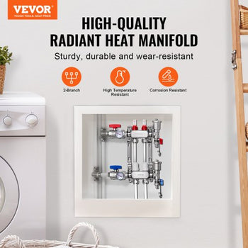 2-Branch Radiant Heat Manifold, 1/2" PEX Tubing Manifold, Stainless Steel PEX Manifold for Hydronic Radiant Floor Heating, Radiant Heat PEX Manifold Kit with 1/2" Adapters Included