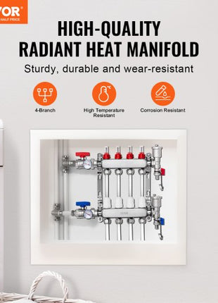 4-Branch Radiant Heat Manifold, 1/2" PEX Tubing Manifold, Stainless Steel PEX Manifold for Hydronic Radiant Floor Heating, Radiant Heat PEX Manifold Kit with 1/2" Adapters Included