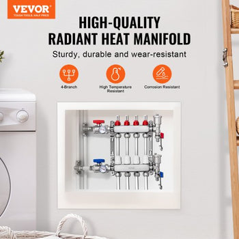 4-Branch Radiant Heat Manifold, 1/2" PEX Tubing Manifold, Stainless Steel PEX Manifold for Hydronic Radiant Floor Heating, Radiant Heat PEX Manifold Kit with 1/2" Adapters Included