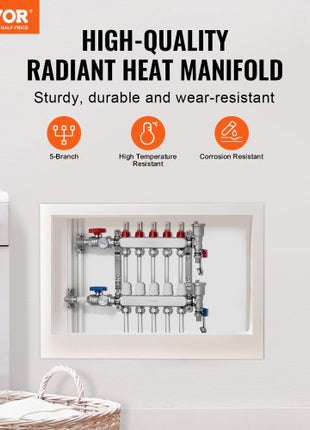 5-Branch Radiant Heat Manifold, 1/2" PEX Tubing Manifold, Stainless Steel PEX Manifold for Hydronic Radiant Floor Heating, Radiant Heat PEX Manifold Kit with 1/2" Adapters Included