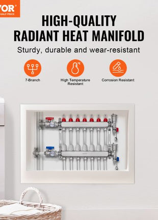 7-Branch Radiant Heat Manifold, 1/2" PEX Tubing Manifold, Stainless Steel PEX Manifold for Hydronic Radiant Floor Heating, Radiant Heat PEX Manifold Kit with 1/2" Adapters Included